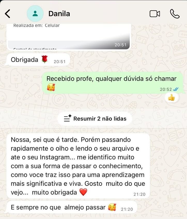 Print do depoimento: Danila · sobre o material e o trabalho pedagógico